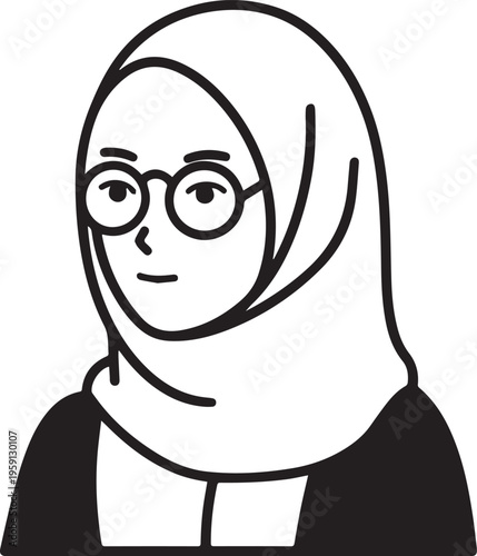 Hand Drawn Woman Wearing Hijab Black and White Avatar Illustration in Minimal Solid Art Style Design