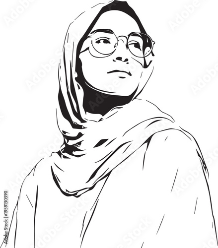 Hand Drawn Woman Wearing Hijab Black and White Avatar Illustration in Minimal Solid Art Style Design