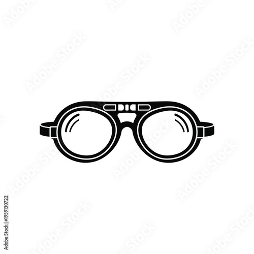 Black and white of round goggles with straps and rivets