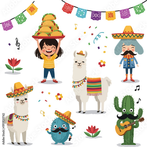 Cinco de Mayo Celebration Vector Set with Cute Llama, Cactus Musicians, Girl with Tacos, and Mexican Fiesta Party Elements