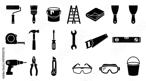 Construction Tools Vector Illustration Set – Black Silhouettes of Paint Roller, Brush, Ladder, Hammer, Drill, Saw, Wrench, Screwdriver – DIY Equipment Art for Branding