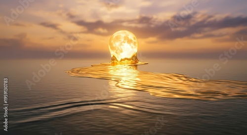 A glowing light bulb appears to emerge from the calm ocean surface