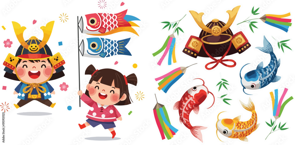 Fototapeta premium Japanese Children's Day Kodomo no Hi Elements Set with Cute Boy and Girl, Koinobori Carp Streamers, and Samurai Kabuto Helmet Illustration