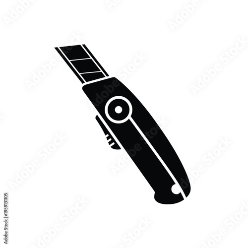 Black and white silhouette of a utility knife with a retractable blade