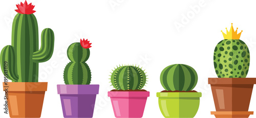 Cute cactus plants in colorful pots set with different shapes and flowers cartoon vector illustration for home decor design