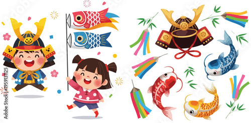 Japanese Children's Day Kodomo no Hi Elements Set with Cute Boy and Girl, Koinobori Carp Streamers, and Samurai Kabuto Helmet Illustration