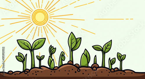 Green seedlings growing in brown soil under warm sunlight with sun rays symbolizing new life and growth in a natural environment