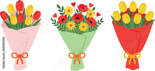 Colorful flower bouquets set with tulips and mixed blossoms wrapped in paper for gift celebration romantic vector illustration design