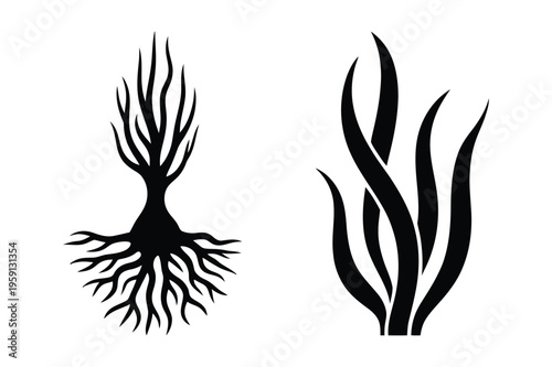 Abstract tree roots and reeds silhouette vector