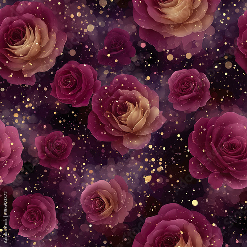 Burgundy rose pattern with golden glitter on dark galaxy background, elegant floral design with floating petals and sparkling dots creating magical romantic atmosphere