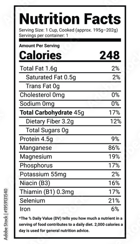 one cup of cooked brown rice nutrition facts label