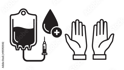 Modern healthcare infusion therapy concept with IV drip blood bag medical gloves and sterile equipment line icon set for hospital treatment emergency care and clinical services