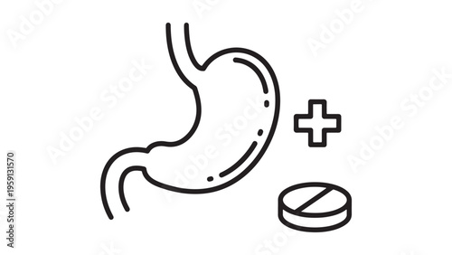 Stomach Health Icon with Medical Cross and Pill for Gastrointestinal Treatment and Digestive Care Vector Illustration