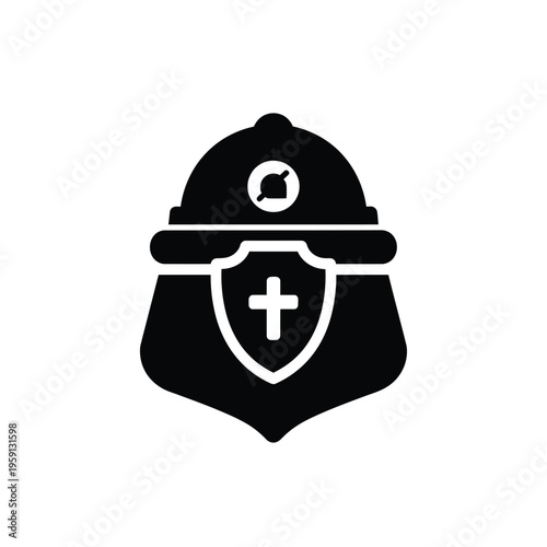 Black silhouette of a firefighter helmet with a shield and cross emblem