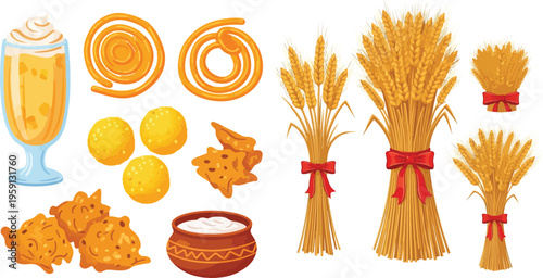 Traditional Baisakhi Festival Elements Set with Wheat Stalks and Punjabi Food such as Jalebi, Lassi, and Laddoo on White Background
