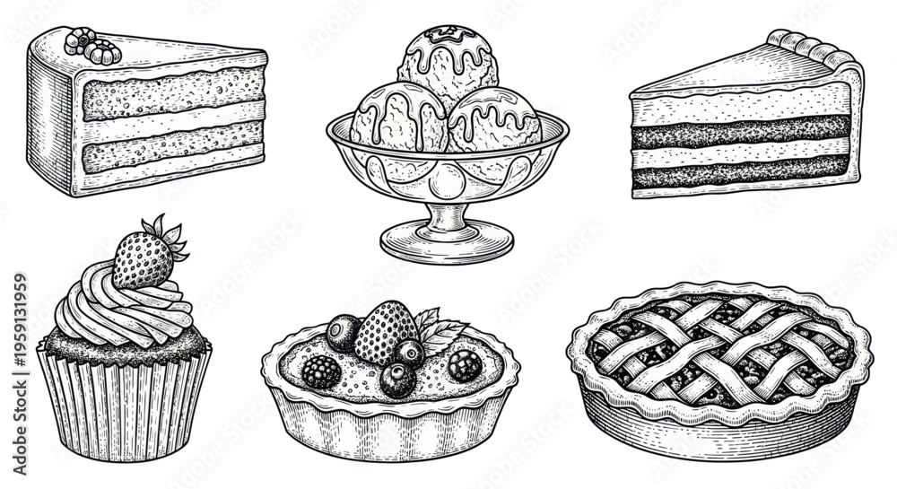 Εκτύπωση καμβά Hand-Drawn Desserts Collection: Cakes, Pie, Cupcake, Tart, Ice Cream