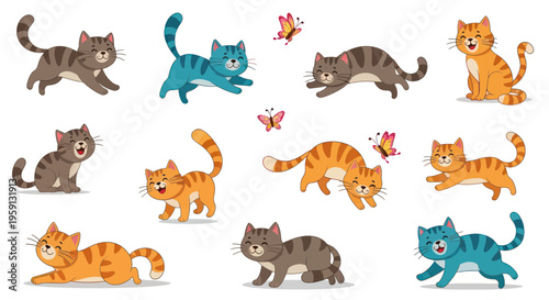 Cute cartoon cats and butterflies in various poses and colors