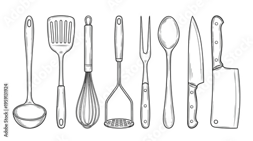 Kitchen Utensils Vector Illustration Set – Ladle, Spatula, Whisk, Masher, Fork, Spoon, Knife, Cleaver – Black Silhouettes Culinary Tools Art for Cooking and Branding