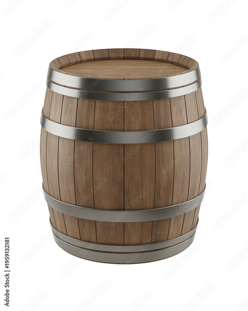 Obraz premium Wooden barrel with metal hoops container isolated on a transparent background