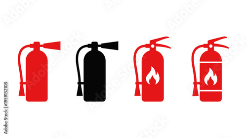 Fire Extinguisher Vector Illustration Set – Safety Equipment Icons in Red and Black with Flame Symbols – Emergency Signage Art for Fire Protection and Prevention