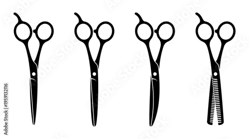 Hairdressing Scissors Vector Illustration Set – Professional Cutting Shears and Thinning Tools Silhouettes – Black Salon Equipment Art for Hairstyling, Barber, and Beauty Branding