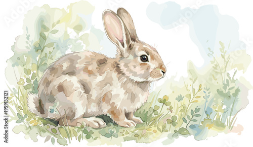 Charming watercolor illustration of a fluffy brown rabbit nestled in a lush green meadow with soft, dappled light