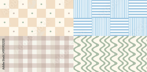 Collection of four seamless patterns, featuring checks, stripes, and wavy lines in soft, muted colors suitable for backgrounds or textiles