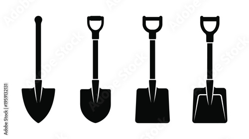 Shovel Vector Illustration Set – Black Silhouettes of Digging and Scooping Tools with D-Grip Handles – Gardening, Landscaping, Construction Equipment Art for Branding