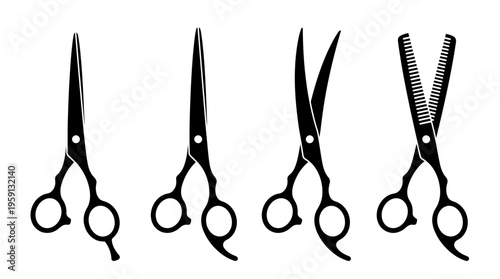 Hairdressing Scissors Vector Illustration Set – Professional Cutting Shears and Thinning Tools Silhouettes – Black Salon Equipment Art for Hairstyling, Barber, and Beauty Branding