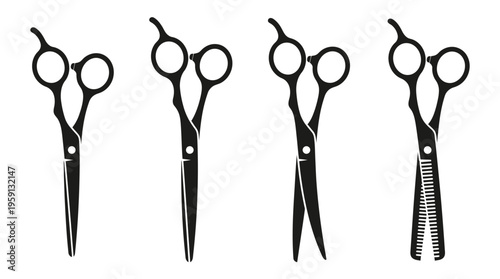 Hairdressing Scissors Vector Illustration Set – Professional Cutting Shears and Thinning Tools Silhouettes – Black Salon Equipment Art for Hairstyling, Barber, and Beauty Branding