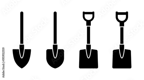 Shovel Vector Illustration Set – Black Silhouettes of Digging and Scooping Tools with D-Grip Handles – Gardening, Landscaping, Construction Equipment Art for Branding