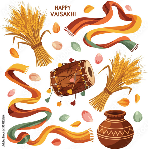 Happy Vaisakhi Celebration Elements Set with Wheat Stalks, Dhol Drum, and Traditional Punjabi Ornaments for Harvest Festival Background