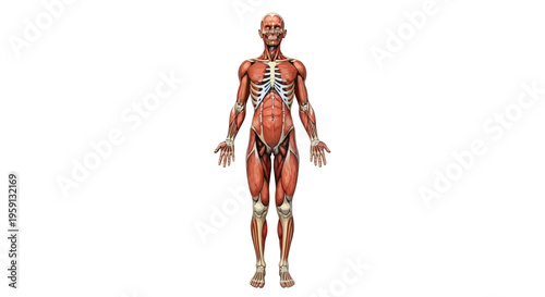 Anatomical illustration of the human muscular system, showcasing muscles and bones with anatomical detail