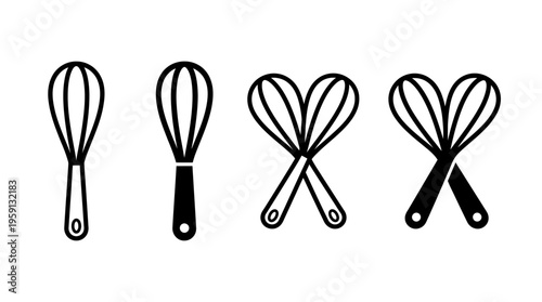 Kitchen Whisk Vector Illustration Set – Black and White Cooking Utensil Silhouettes with Creative Crossed Heart Design – Modern Culinary Art for Food Branding