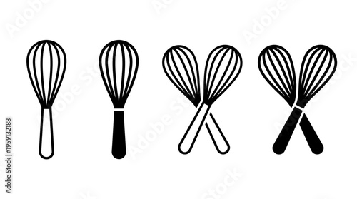 Kitchen Whisk Vector Illustration Set – Black and White Cooking Utensil Silhouettes with Creative Crossed Heart Design – Modern Culinary Art for Food Branding