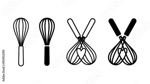 Kitchen Whisk Vector Illustration Set – Black and White Cooking Utensil Silhouettes with Creative Crossed Heart Design – Modern Culinary Art for Food Branding