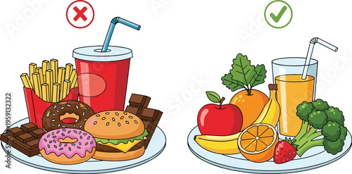 Healthy vs unhealthy food comparison fast food and fresh fruits vegetables vector illustration