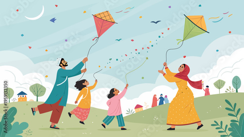 Family in traditional clothes flying colorful kites on a sunny day outdoors in a park