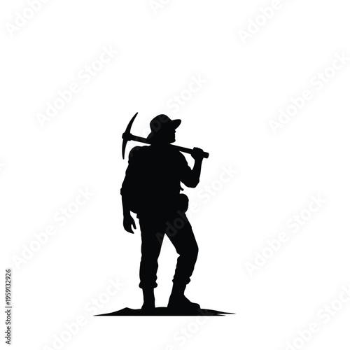 Black silhouette of a miner holding a pickaxe over shoulder