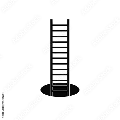 Black and white silhouette of a ladder descending into a hole