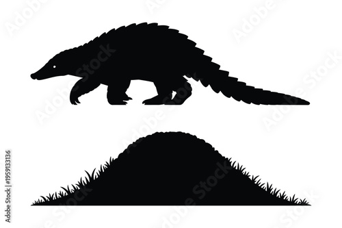 Foto Pangolin silhouette and mound silhouette