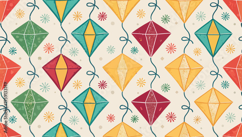 Vibrant kite pattern with colorful kites and strings on white background for design and decoration