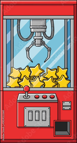 Arcade claw machine with star prizes cartoon style vector illustration of classic grab game entertainment and amusement concept