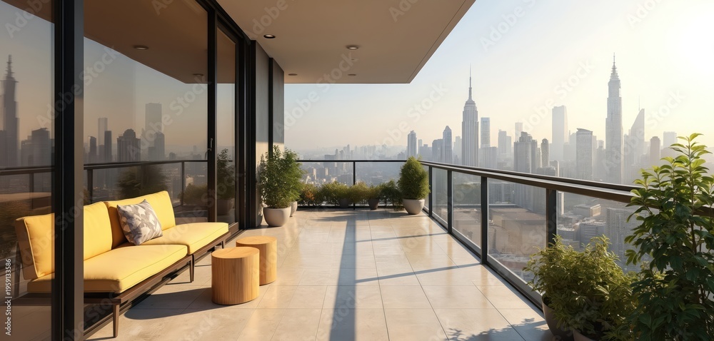 Naklejka premium Modern condo balcony offers stunning city view. Yellow sofa and wooden stools create stylish outdoor living space. Glass railings provide unobstructed sightlines.