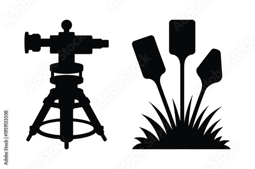 Surveying tripod and reeds silhouette illustration
