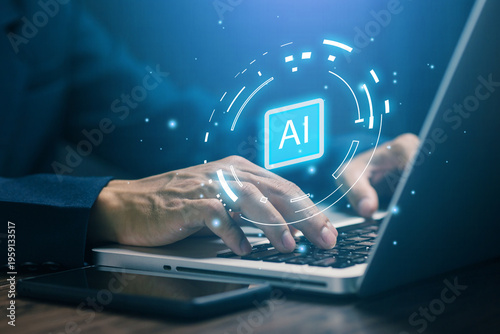 Artificial intelligence technology concept with business person using laptop, showing AI interface, machine learning system, and digital innovation for modern business solutions.