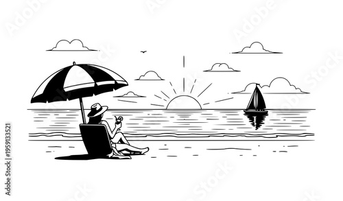 Relaxing beach sunset scene with umbrella drink and sailboat calm sea black and white vector illustration