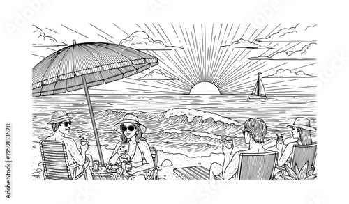 Beach sunset lifestyle scene with people enjoying drinks seaside with sailboat black and white vector illustration