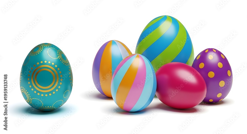 Fototapeta premium A Collection of Five Vibrantly Colored and Glossy Easter Eggs with Unique Patterns