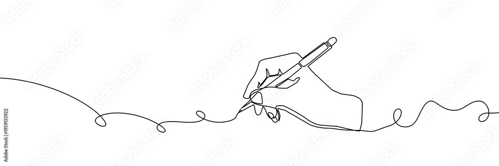 Fototapeta premium Continuous one line pen hand pencil write one art icon book journal sketch. Sign line pen hand vector signature letter notebook person background contract document single legal white school paper